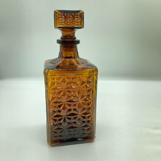 Vintage Decanter Square Brown Root Beer Glass Original Stopper Home Barware Den