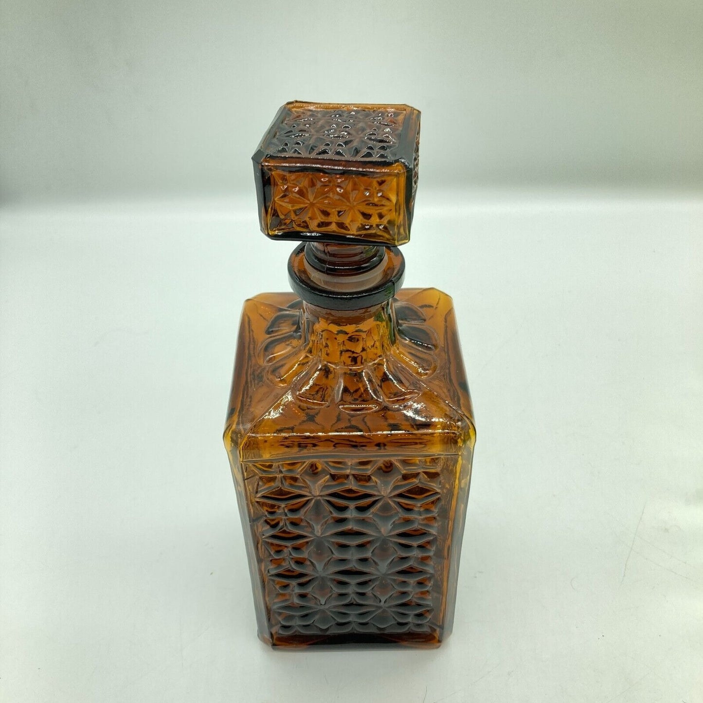 Vintage Decanter Square Brown Root Beer Glass Original Stopper Home Barware Den