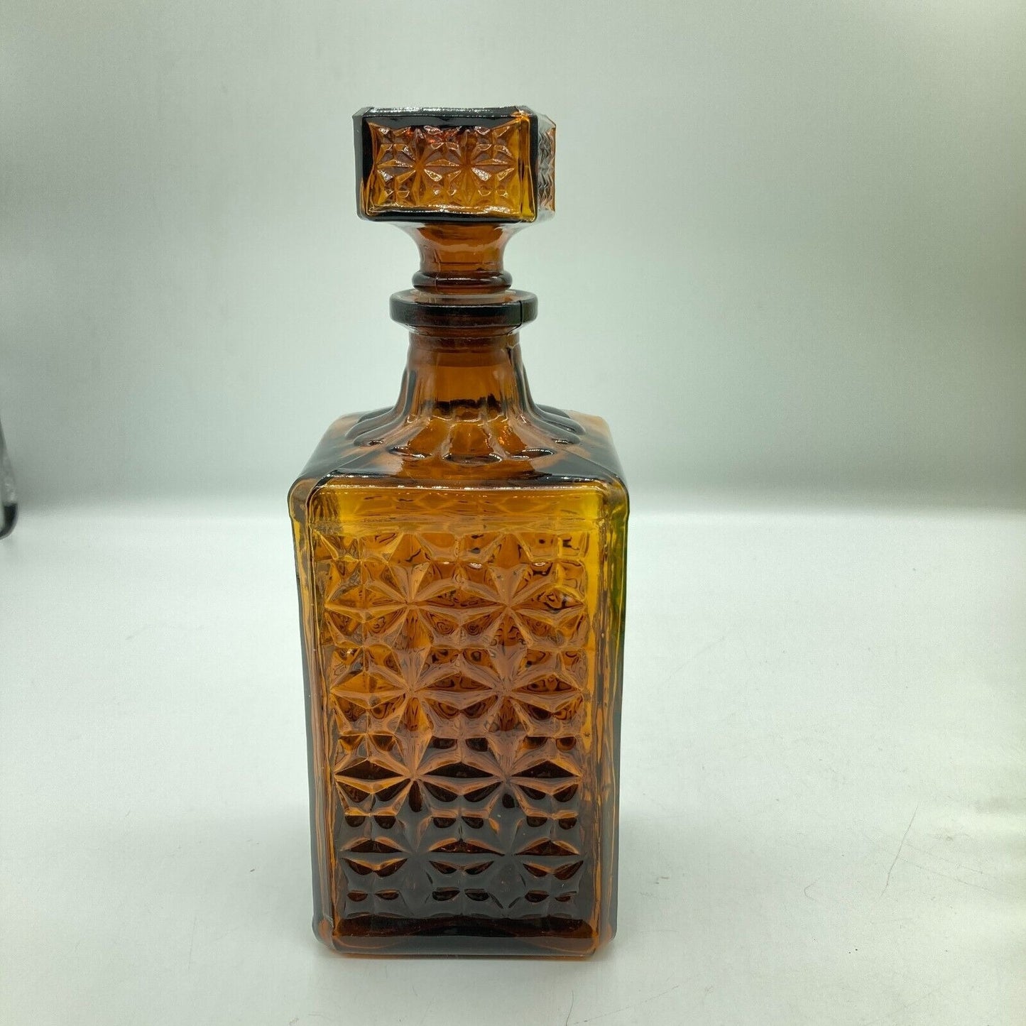Vintage Decanter Square Brown Root Beer Glass Original Stopper Home Barware Den