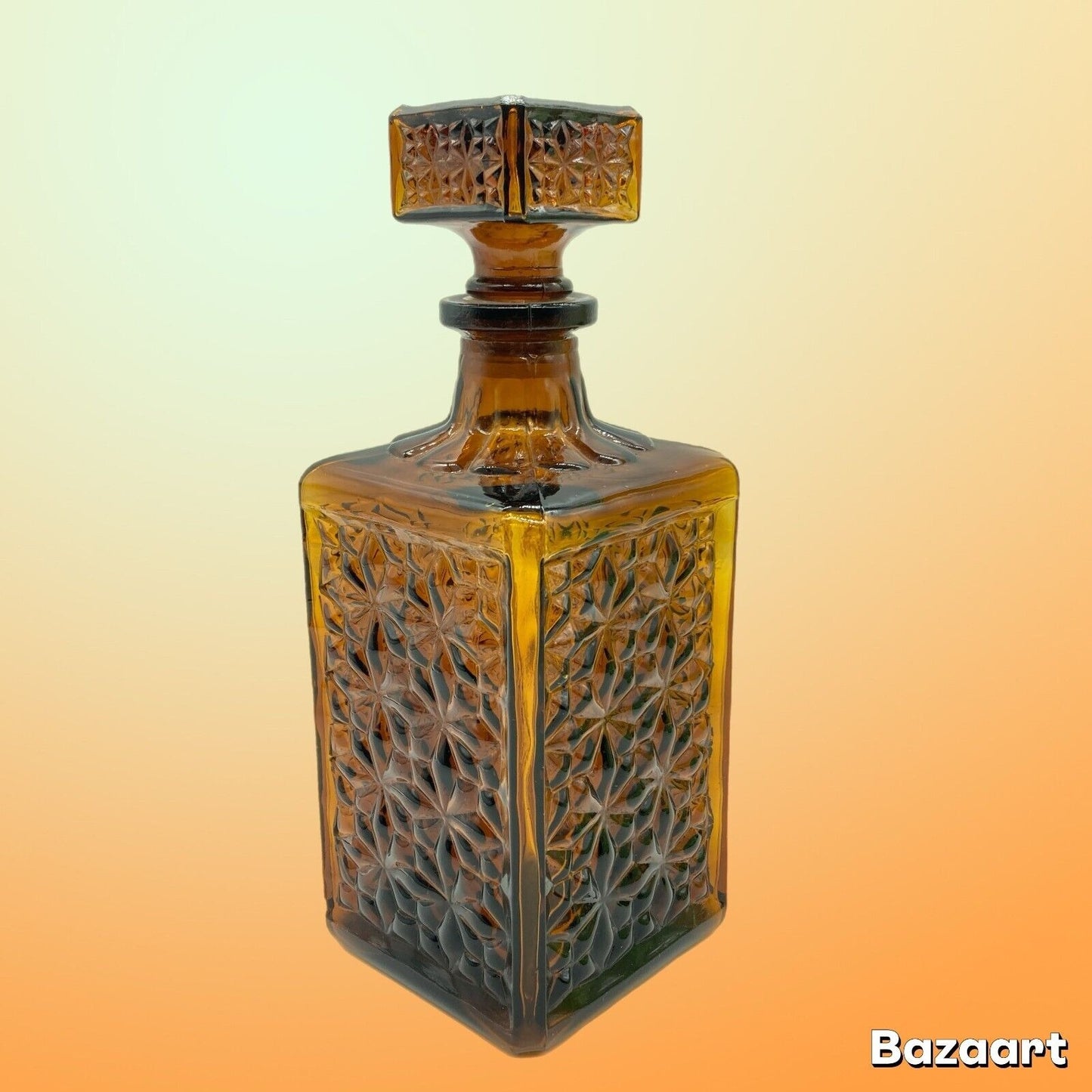 Vintage Decanter Square Brown Root Beer Glass Original Stopper Home Barware Den