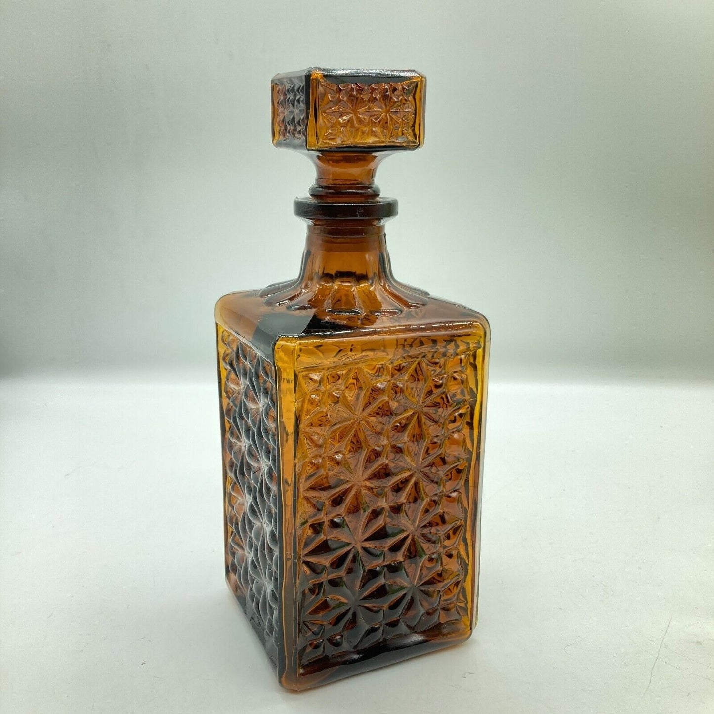 Vintage Decanter Square Brown Root Beer Glass Original Stopper Home Barware Den