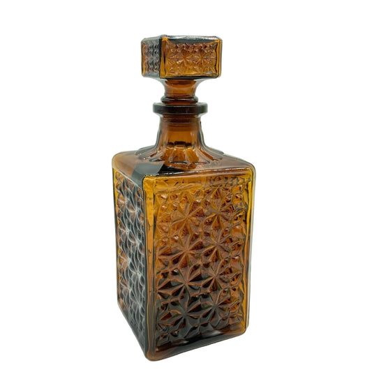 Vintage 1970s Square Amber Brown Glass Decanter 9" Original Stopper Taiwan Barware