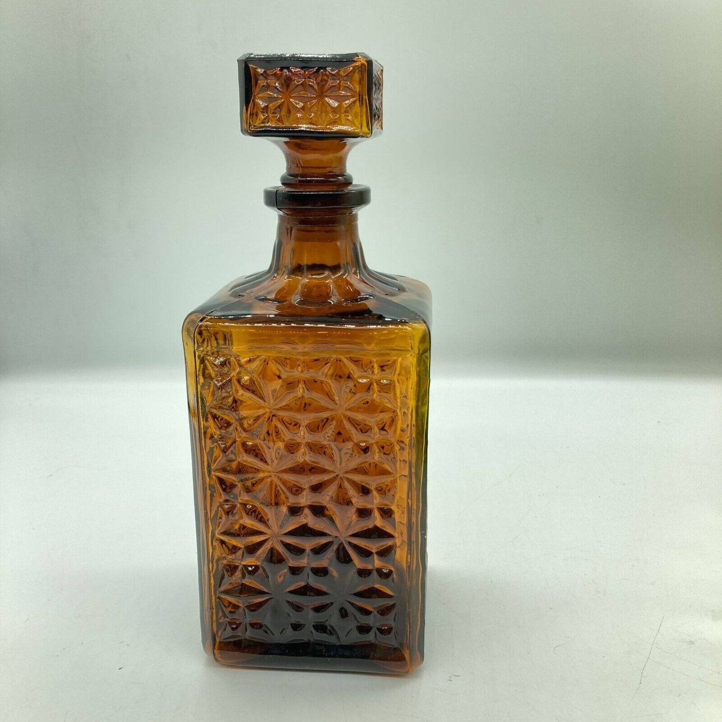 Vintage Decanter Square Brown Root Beer Glass Original Stopper Home Barware Den