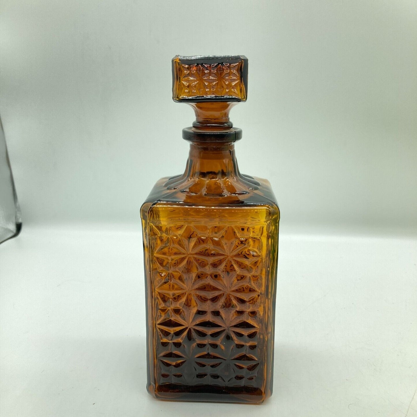 Vintage Decanter Square Brown Root Beer Glass Original Stopper Home Barware Den
