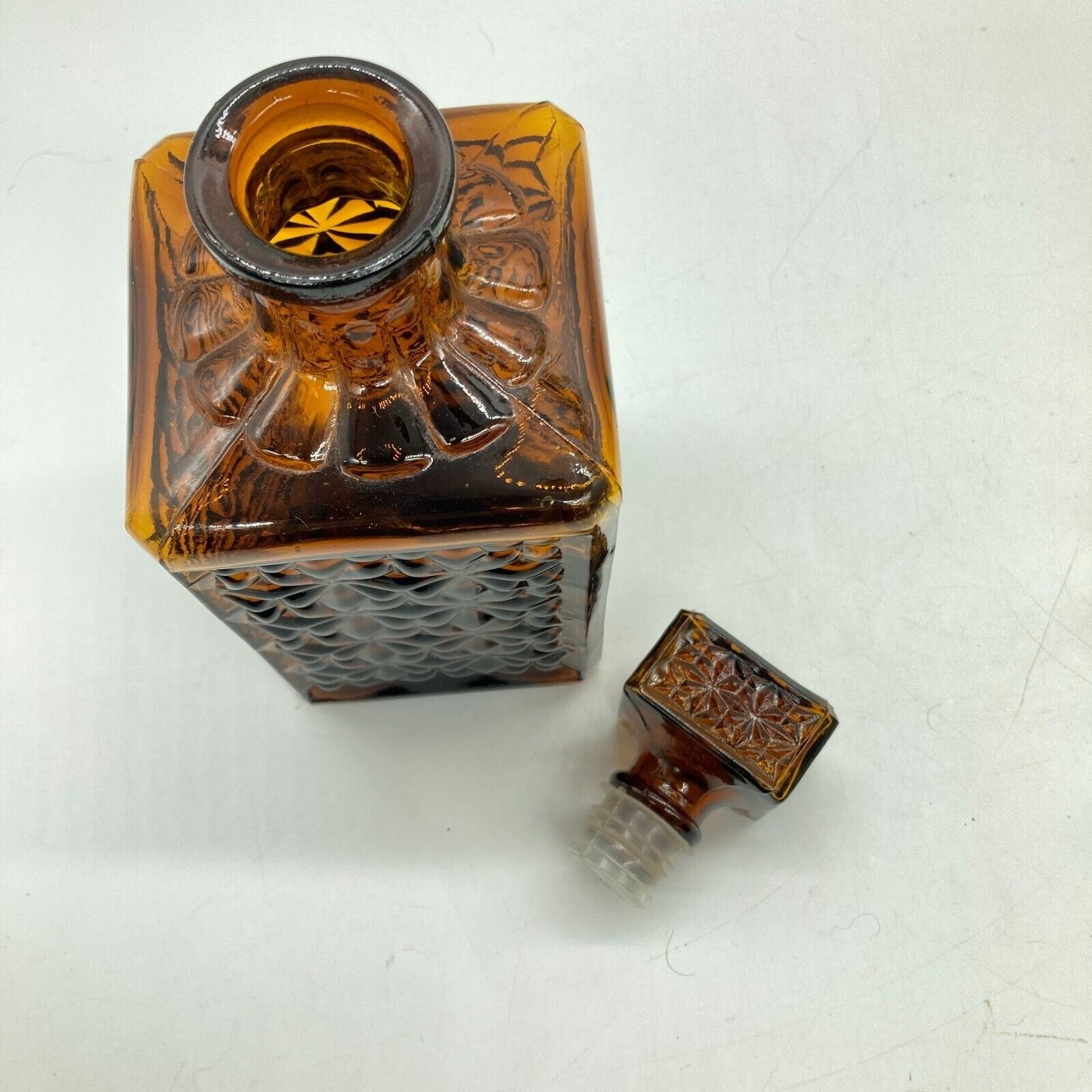 Vintage Decanter Square Brown Root Beer Glass Original Stopper Home Barware Den