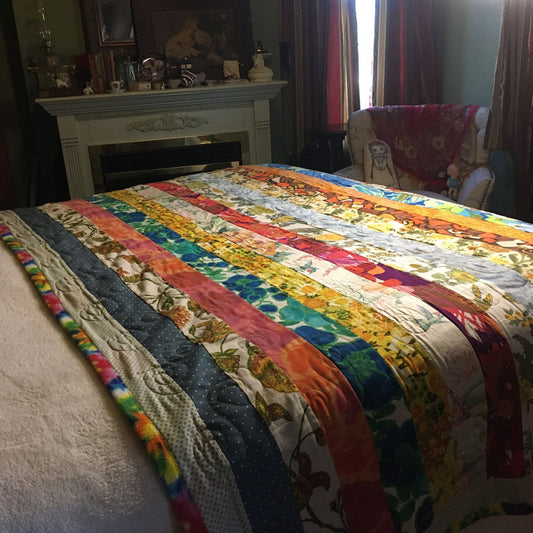Striped Patchwork Quilt 47in. x 94in. Tie-Dye Fleece Blanket Backing Fall Autumn Winter Warm Handmade Vintage