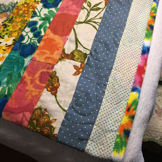 Striped Patchwork Quilt 47in. x 94in. Tie-Dye Fleece Blanket Backing Fall Autumn Winter Warm Handmade Vintage