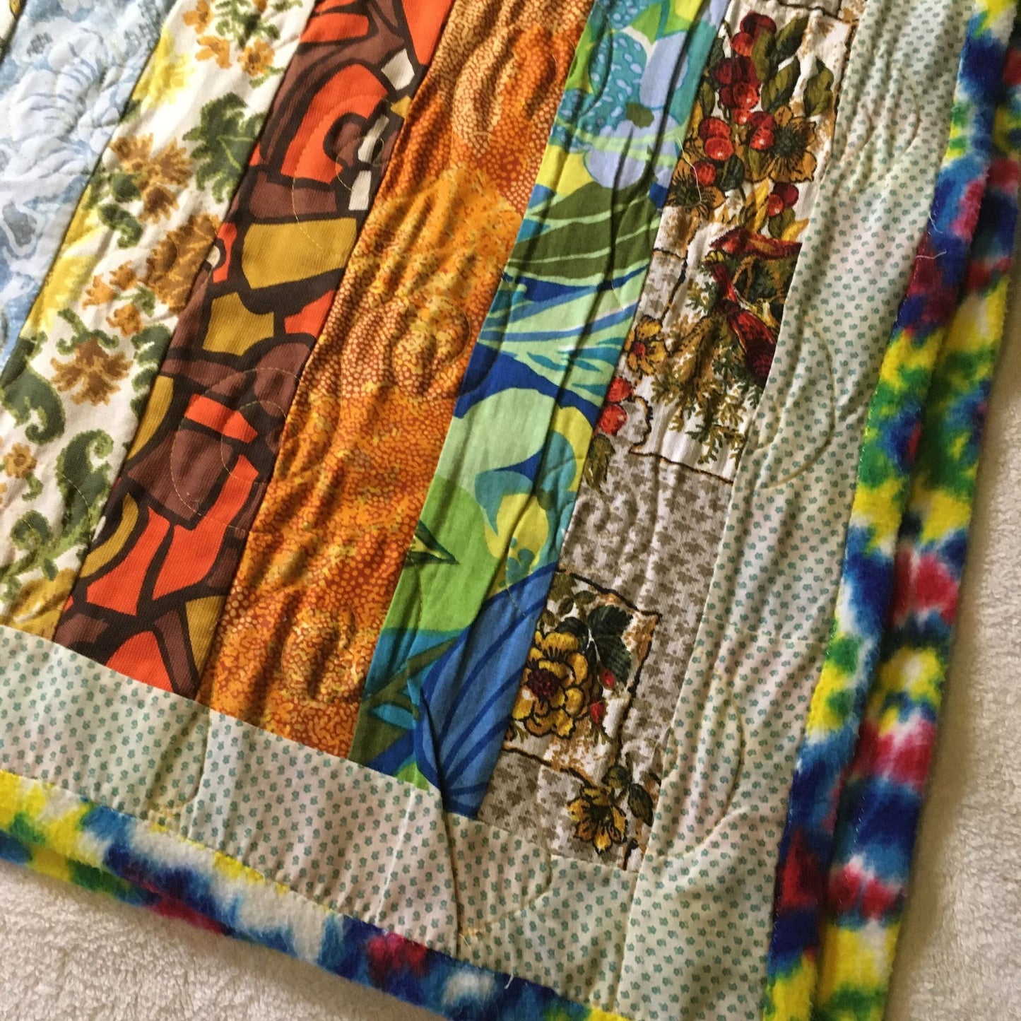 Striped Patchwork Quilt 47in. x 94in. Tie-Dye Fleece Blanket Backing Fall Autumn Winter Warm Handmade Vintage