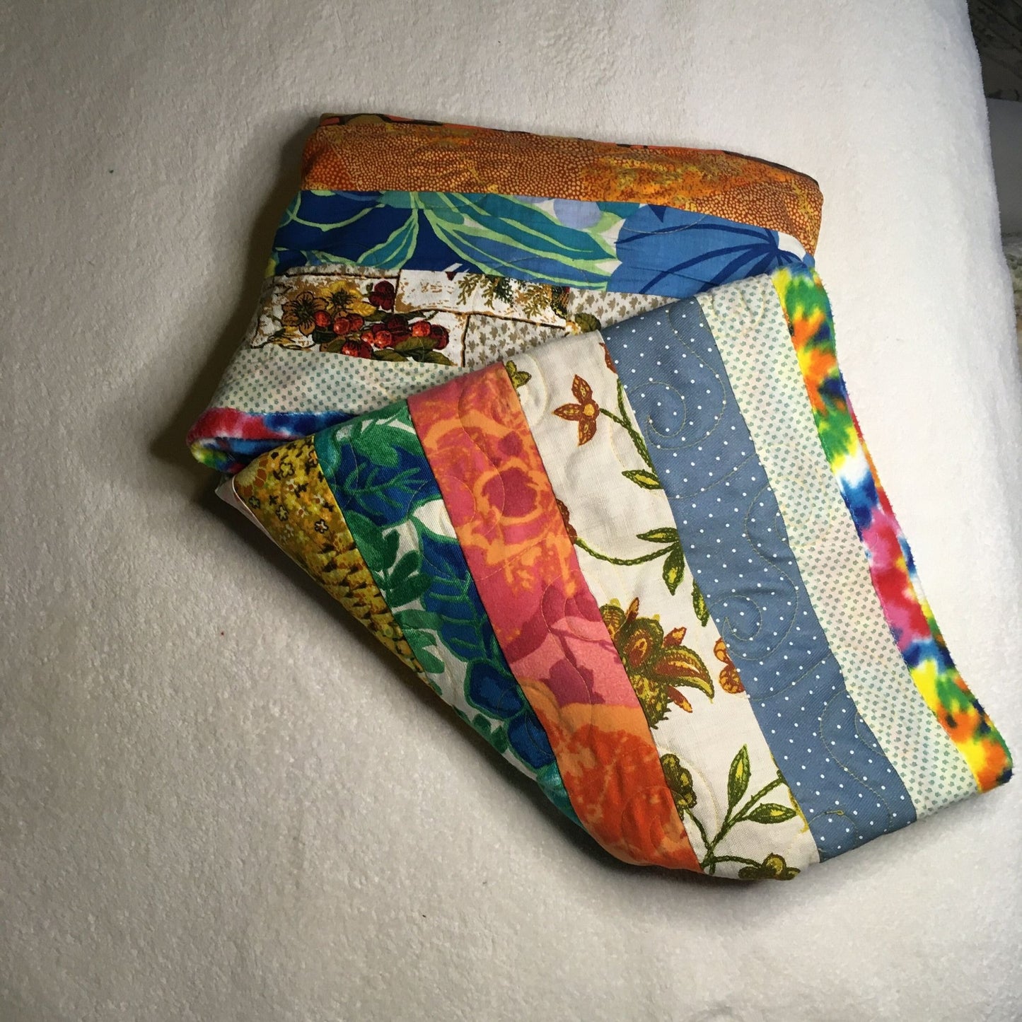 Striped Patchwork Quilt 47in. x 94in. Tie-Dye Fleece Blanket Backing Fall Autumn Winter Warm Handmade Vintage