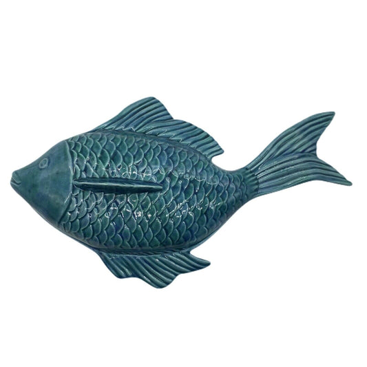 MCM Tiki Luau Fish Serving Dish Blue Turquoise Aqua Ceramic Lid Vintage Decor
