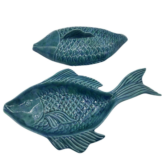 MCM Tiki Luau Fish Serving Dish Blue Turquoise Aqua Ceramic Lid Vintage Decor
