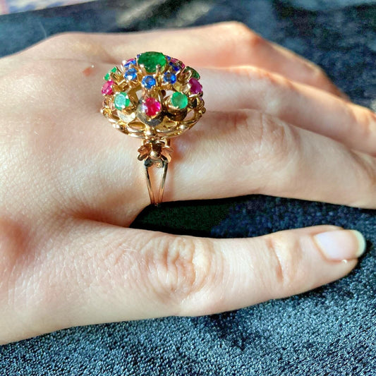 Vintage Cocktail Ring Emerald Sapphire Ruby Precious Gems Cluster Dome Size 6.25