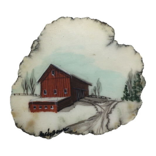 Miniature Art Rustic Barn on 2" Agate Slice Artist Signed Farm Life Winter Scene