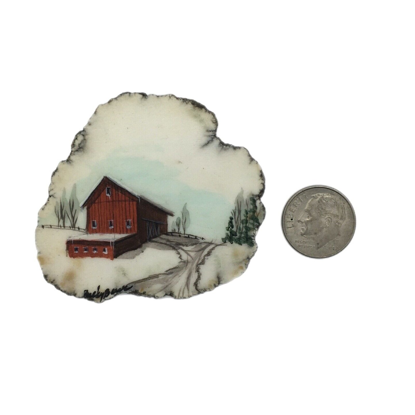 Miniature Art Rustic Barn on 2" Agate Slice Artist Signed Farm Life Winter Scene