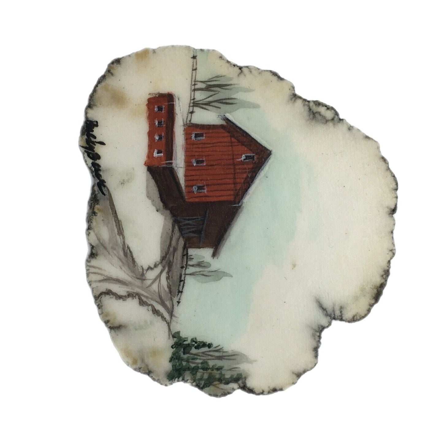 Miniature Art Rustic Barn on 2" Agate Slice Artist Signed Farm Life Winter Scene
