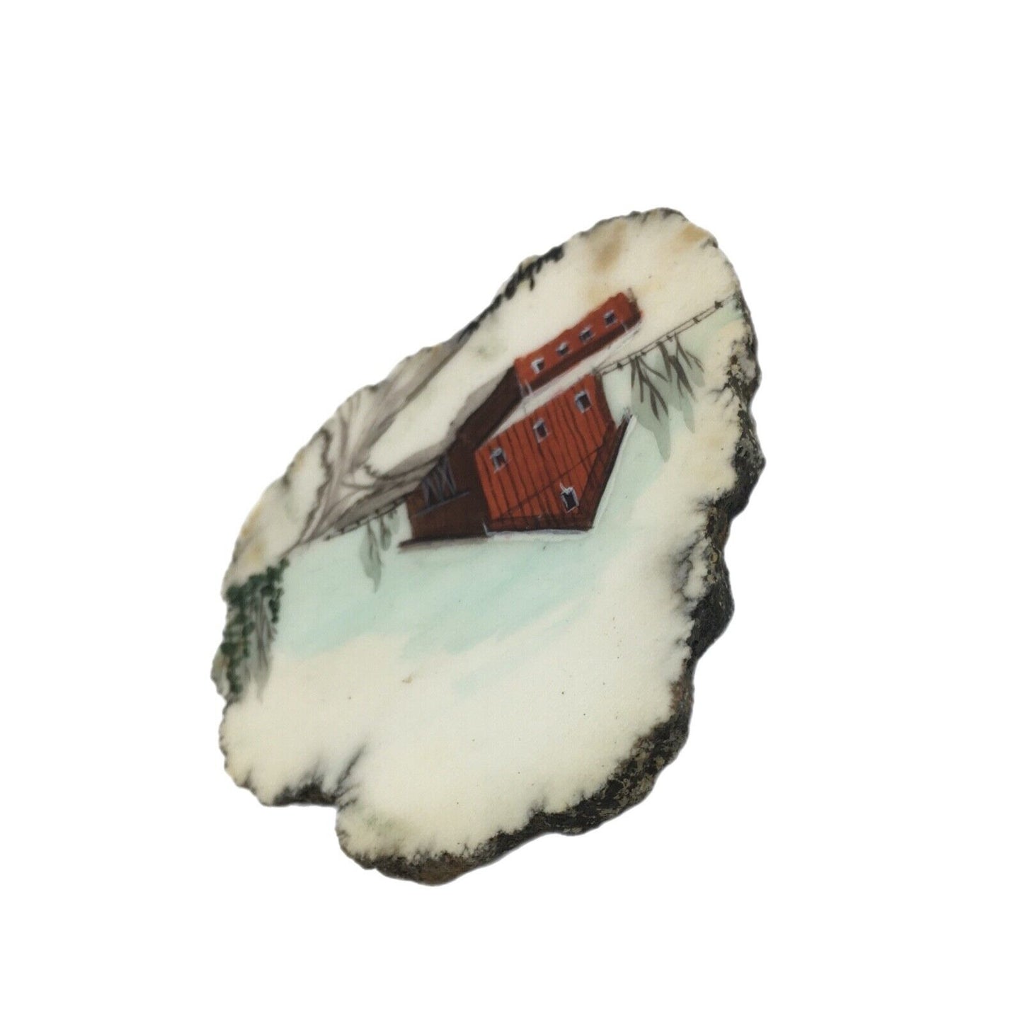 Miniature Art Rustic Barn on 2" Agate Slice Artist Signed Farm Life Winter Scene