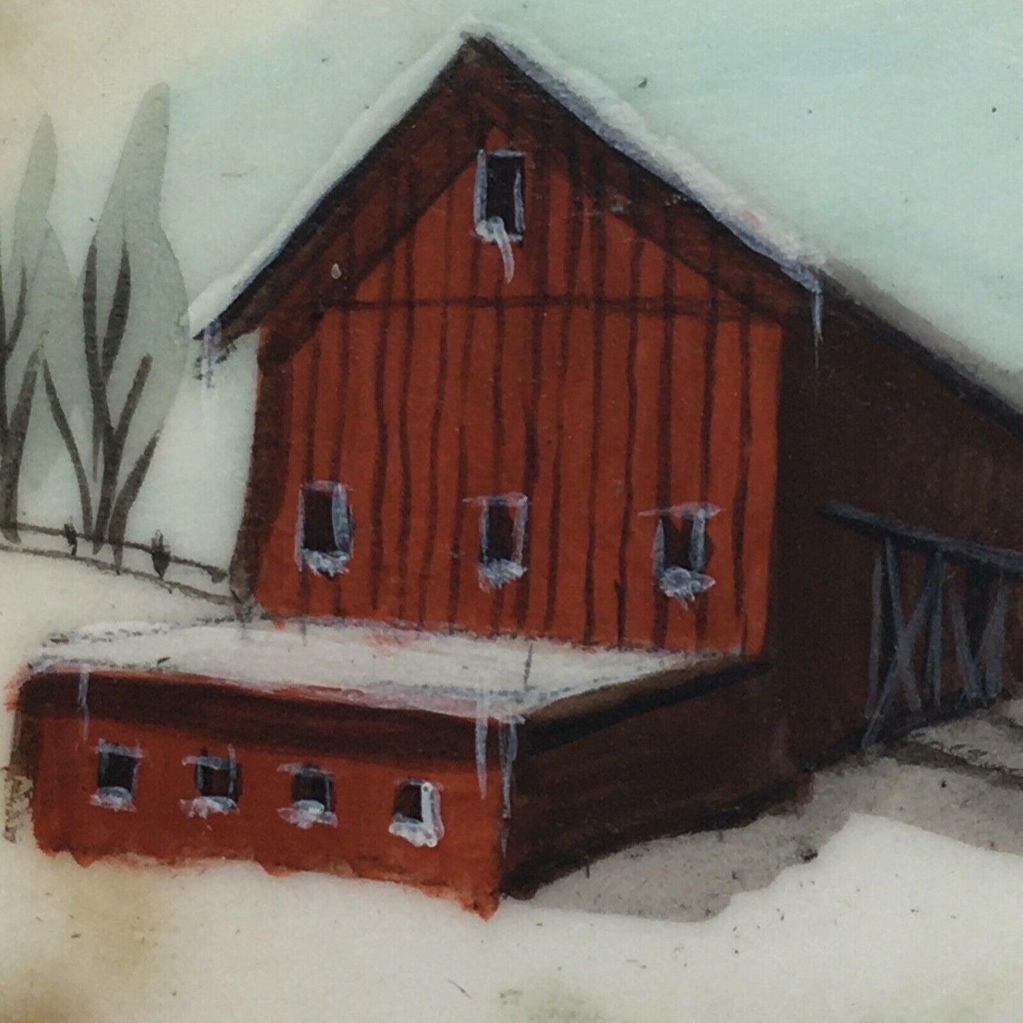 Miniature Art Rustic Barn on 2" Agate Slice Artist Signed Farm Life Winter Scene