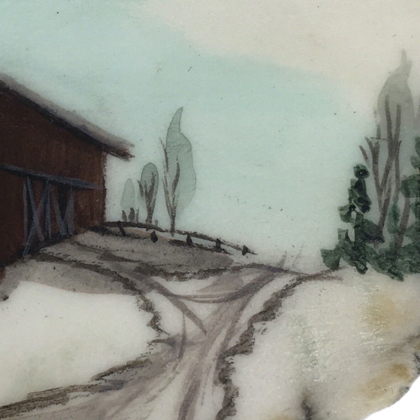 Miniature Art Rustic Barn on 2" Agate Slice Artist Signed Farm Life Winter Scene