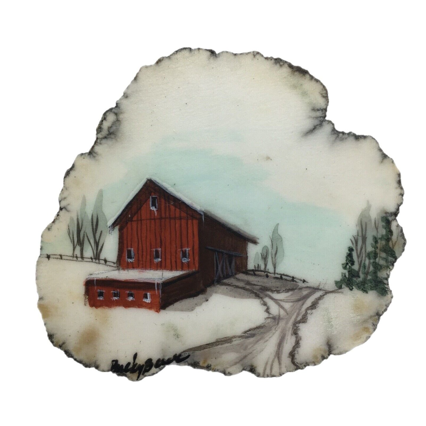 Miniature Art Rustic Barn on 2" Agate Slice Artist Signed Farm Life Winter Scene