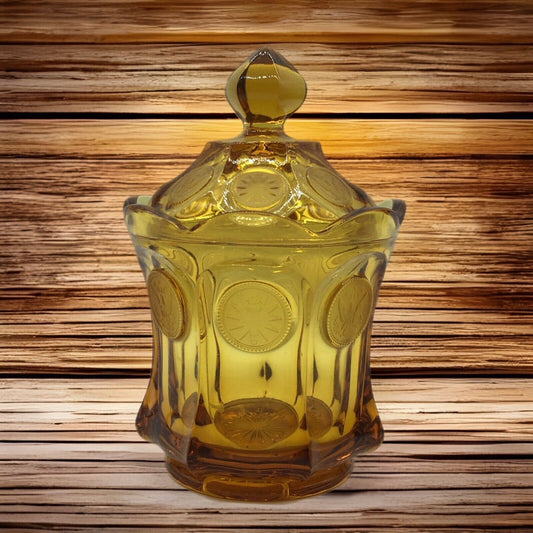 Fostoria Coin Candy Jar Lidded Golden Honey Amber Vintage Eagle Torch Patriotic