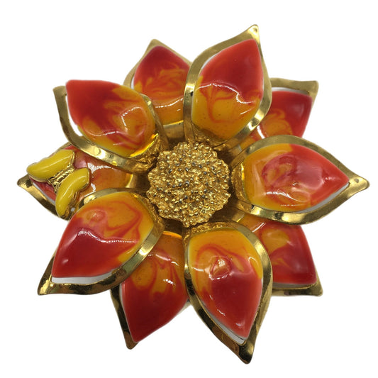 Dimensional Enameled Flower Brooch Pendant Colorful Statement Jewelry Butterfly Accent