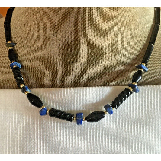 Vintage Necklace Hand Crafted Black Coral Tube Carved Spiral Beads Blue Stones