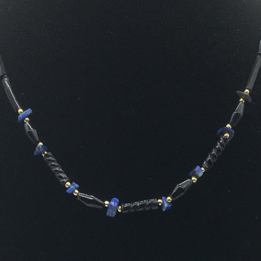Vintage Necklace Hand Crafted Black Coral Tube Carved Spiral Beads Blue Stones