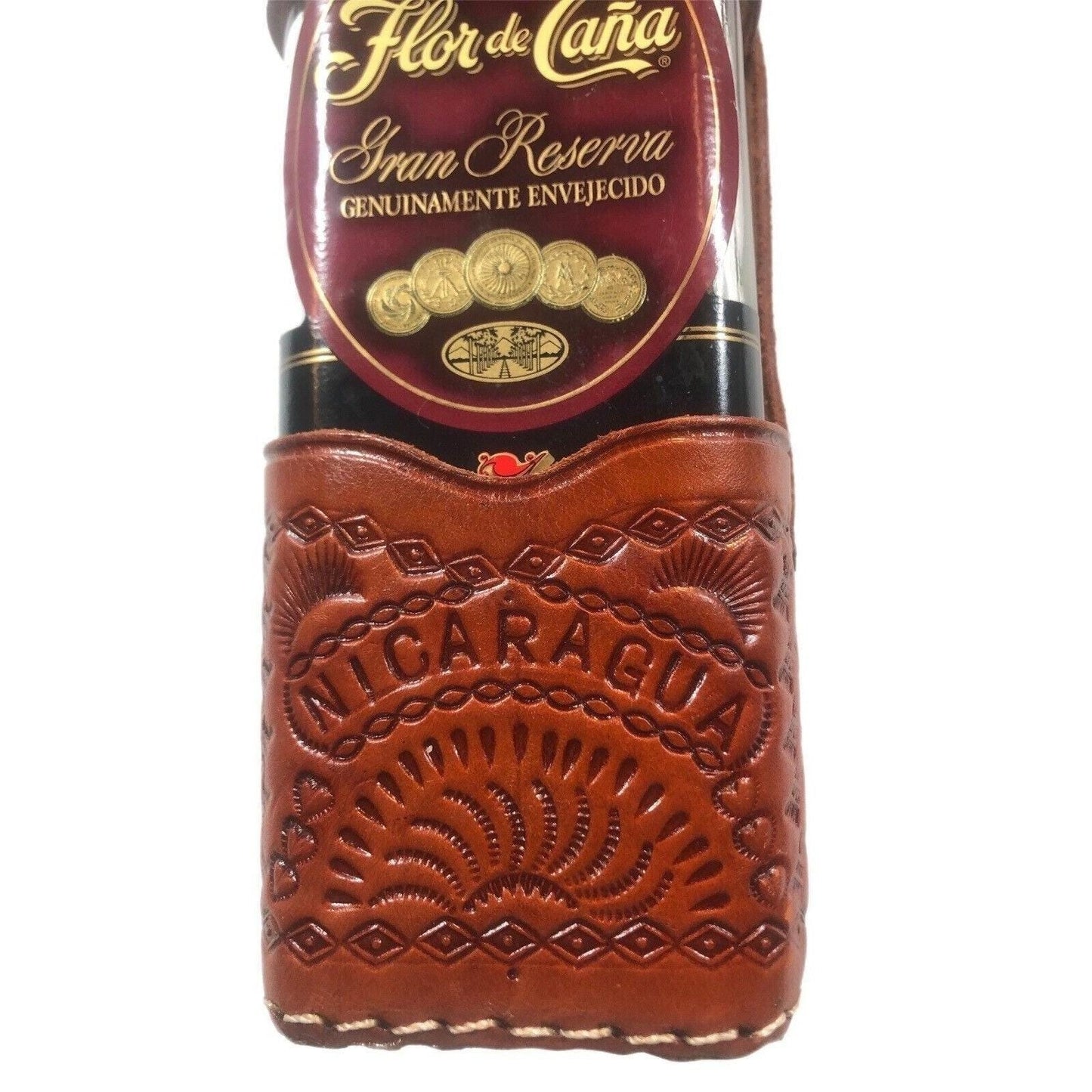 Nicaragua Hand Tooled Leather Bottle Holder/Case With Multi Stamped Designs