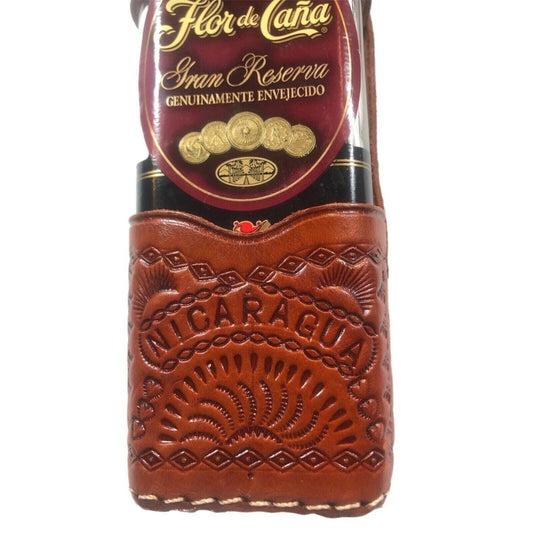 Nicaragua Hand Tooled Leather Bottle Holder/Case With Multi Stamped Designs