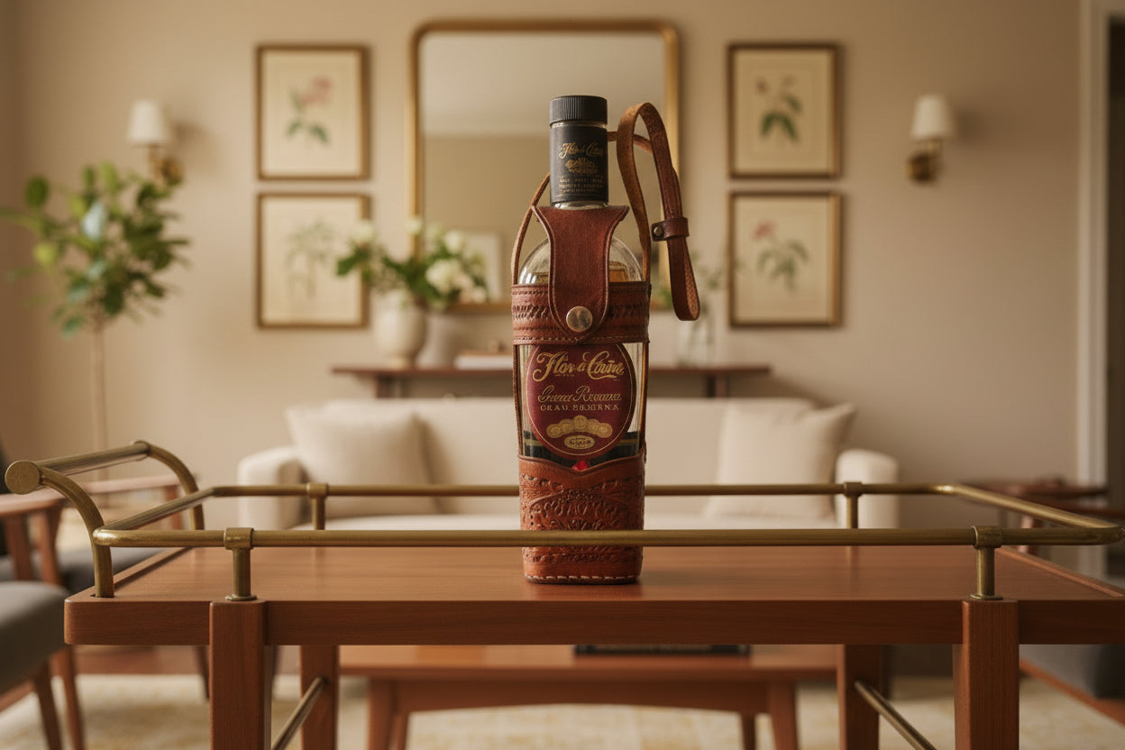 Bottle of Flor de Caña rum in a brown leather holder on a white background