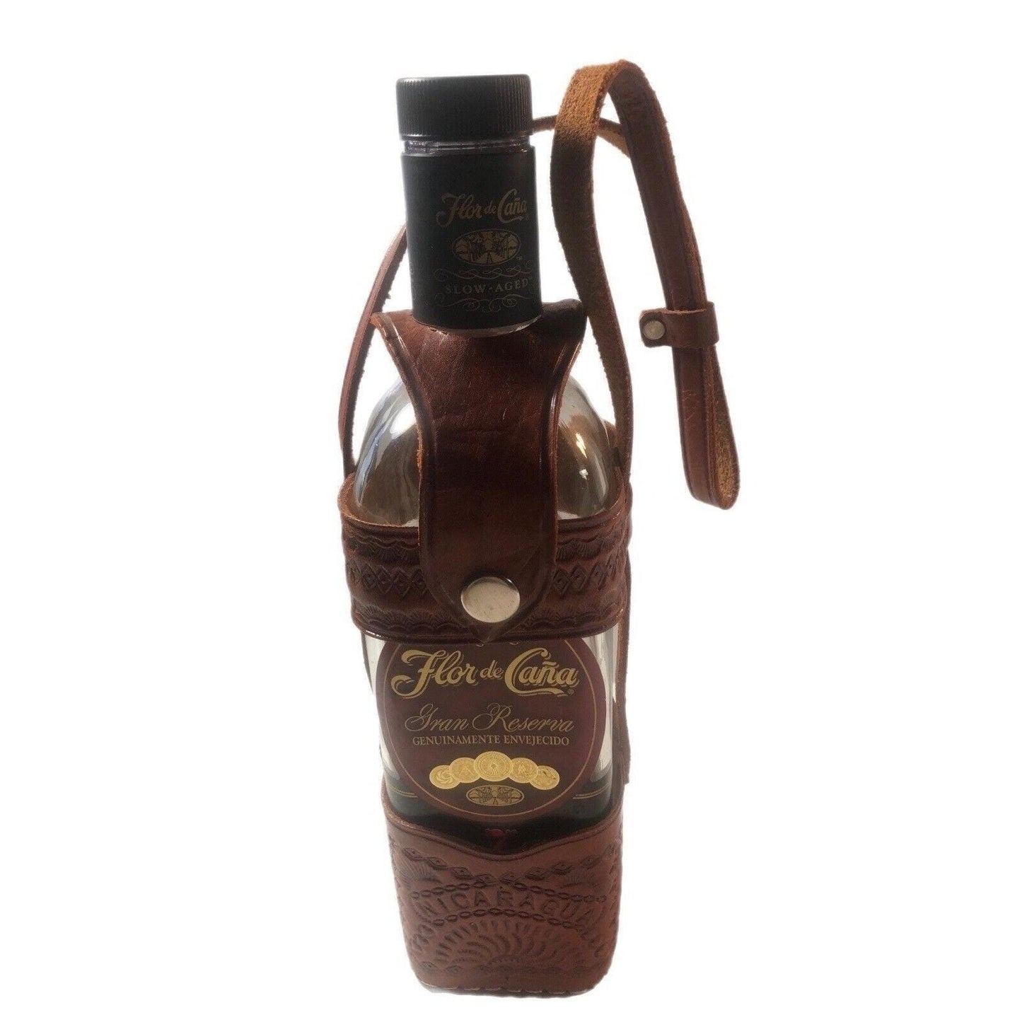 Nicaragua Hand Tooled Leather Bottle Holder/Case With Multi Stamped Designs