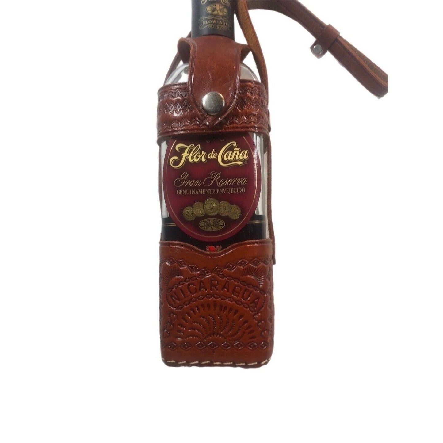 Nicaragua Hand Tooled Leather Bottle Holder/Case With Multi Stamped Designs