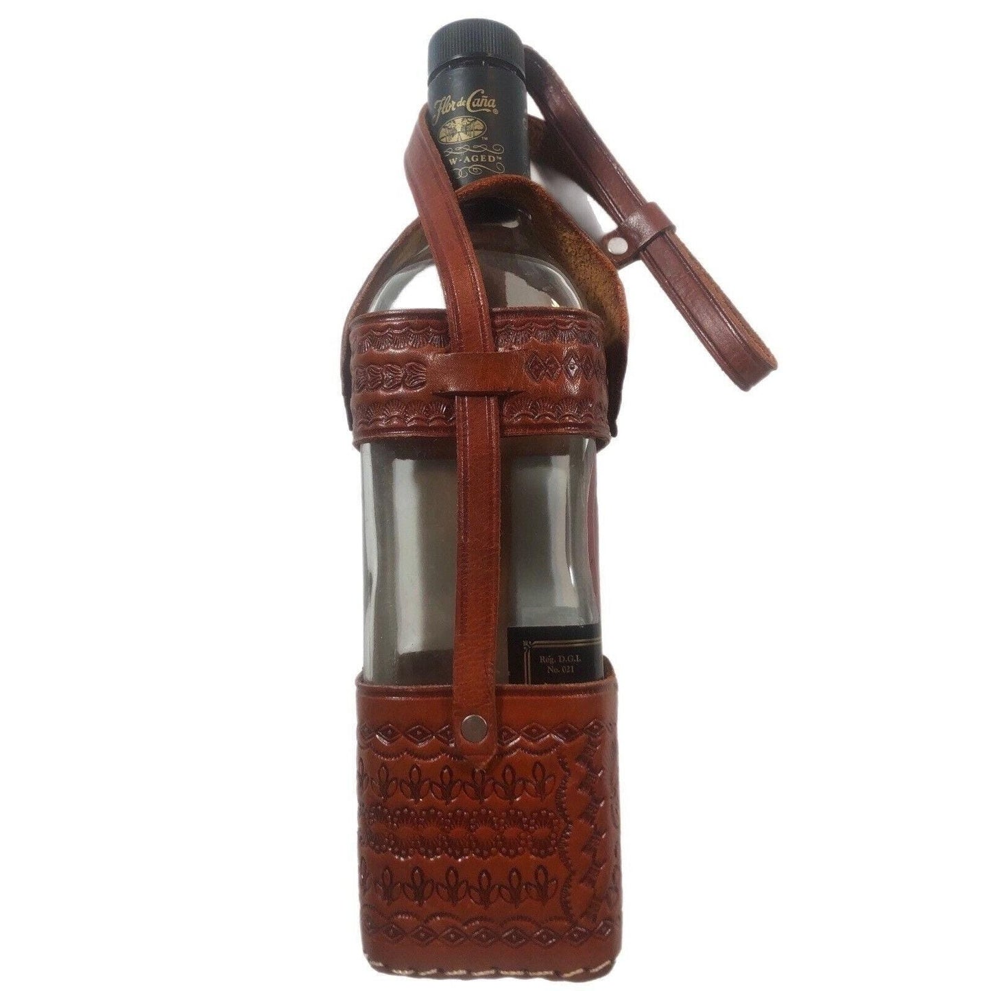 Nicaragua Hand Tooled Leather Bottle Holder/Case With Multi Stamped Designs