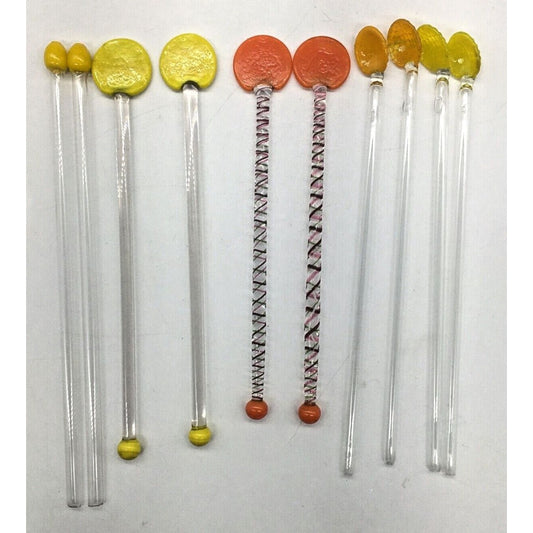 Vintage Barware Art Glass Stir Stick Straw Spoon Variety lot 10 Orange & Yellow