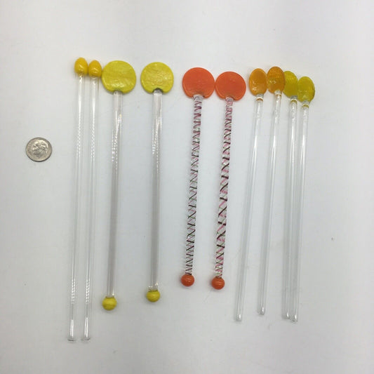 Vintage Barware Art Glass Stir Stick Straw Spoon Variety lot 10 Orange & Yellow