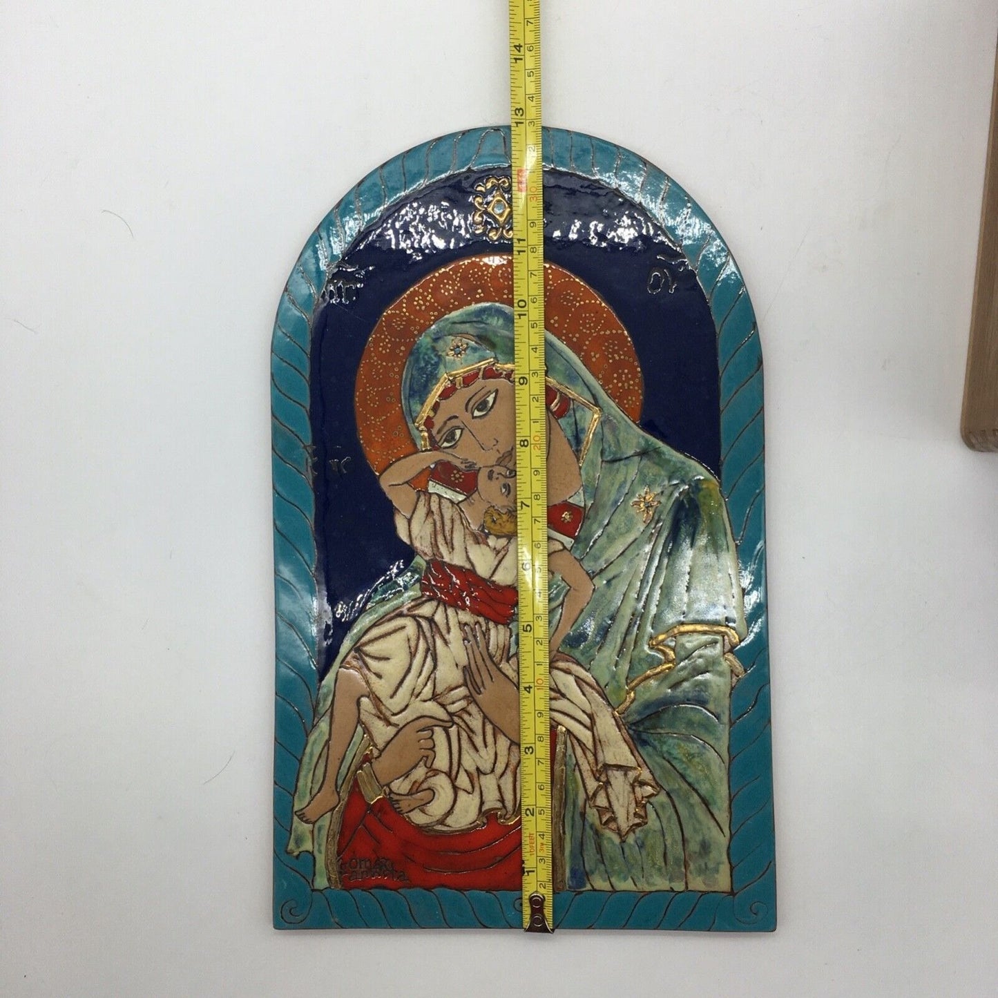 Mexican Redware Religious Folk Art Tenderness of Mary 13" Arch Vibrant Color VTG