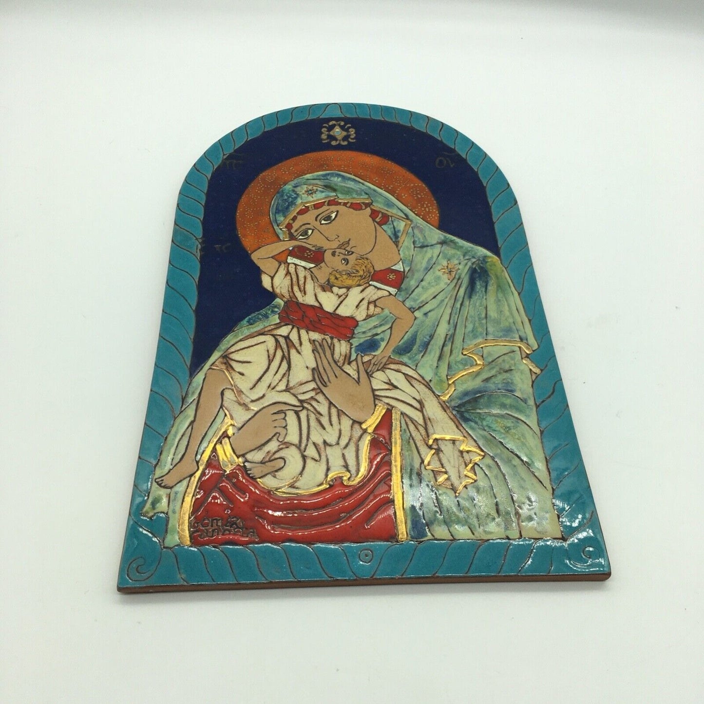 Mexican Redware Religious Folk Art Tenderness of Mary 13" Arch Vibrant Color VTG