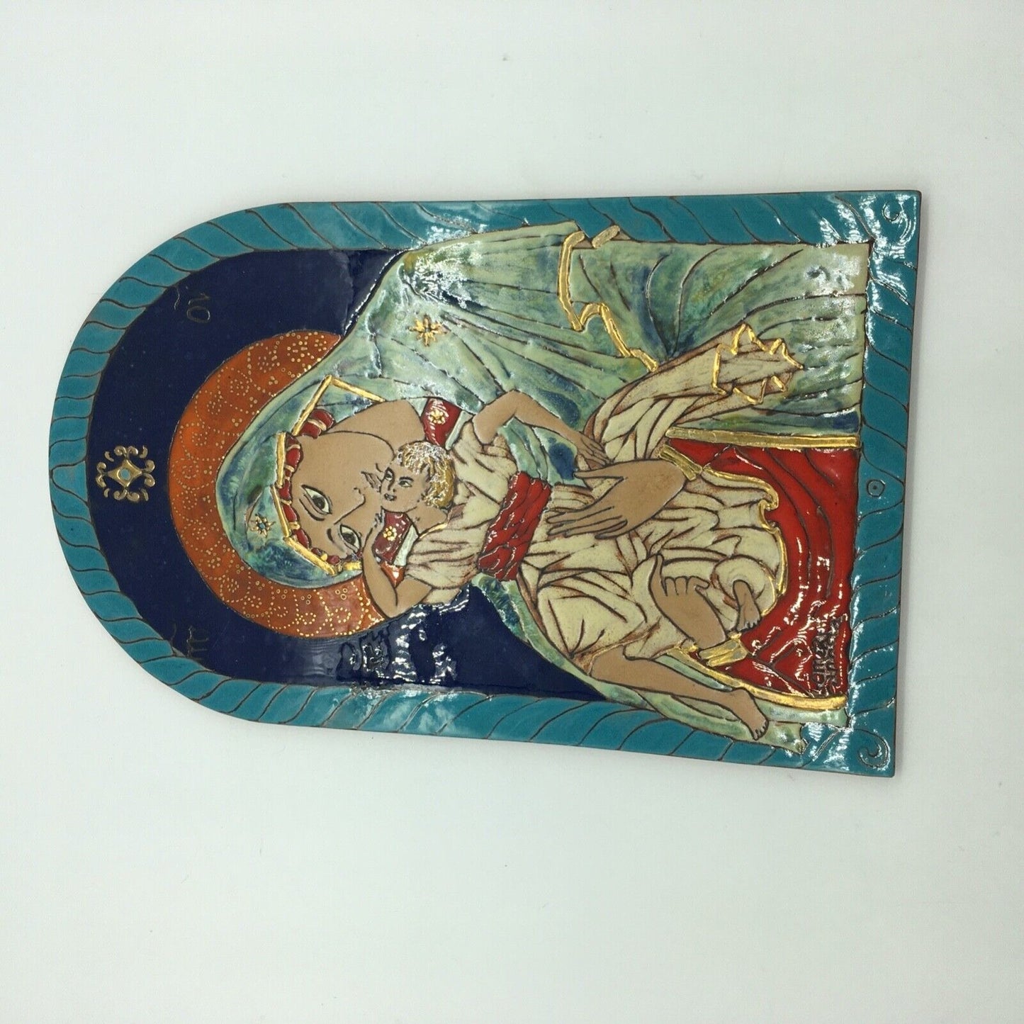 Mexican Redware Religious Folk Art Tenderness of Mary 13" Arch Vibrant Color VTG
