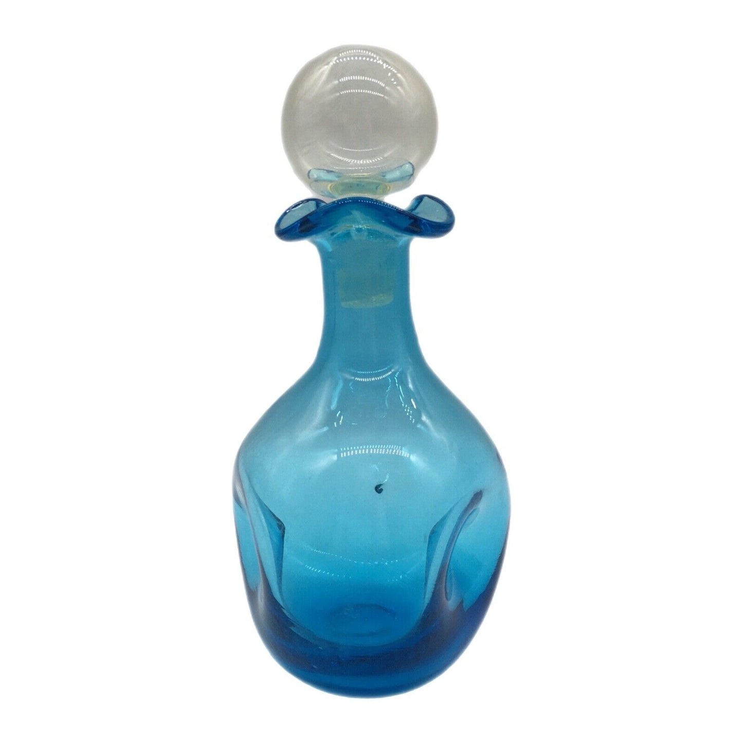Art Glass 6.25" Pinched Blue Bottle with Original Clear Stopper Ruffle Hand blown VTG