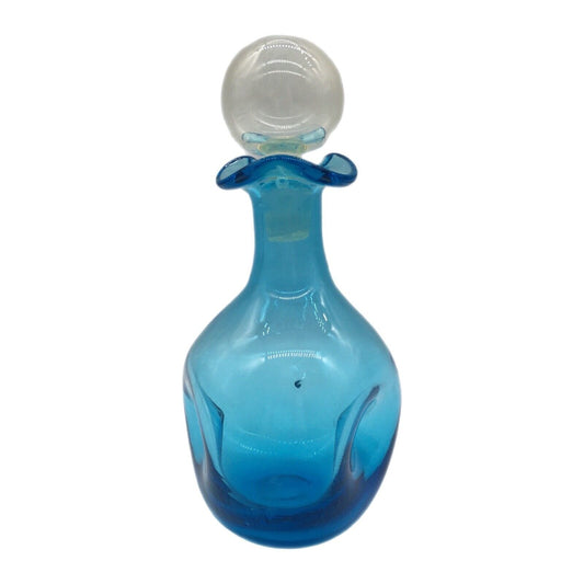 Art Glass 6.25" Pinched Blue Bottle with Original Clear Stopper Ruffle Hand blown VTG