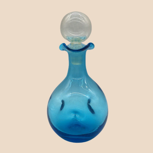 Art Glass 6.25" Pinched Blue Bottle with Original Clear Stopper Ruffle Hand blown VTG