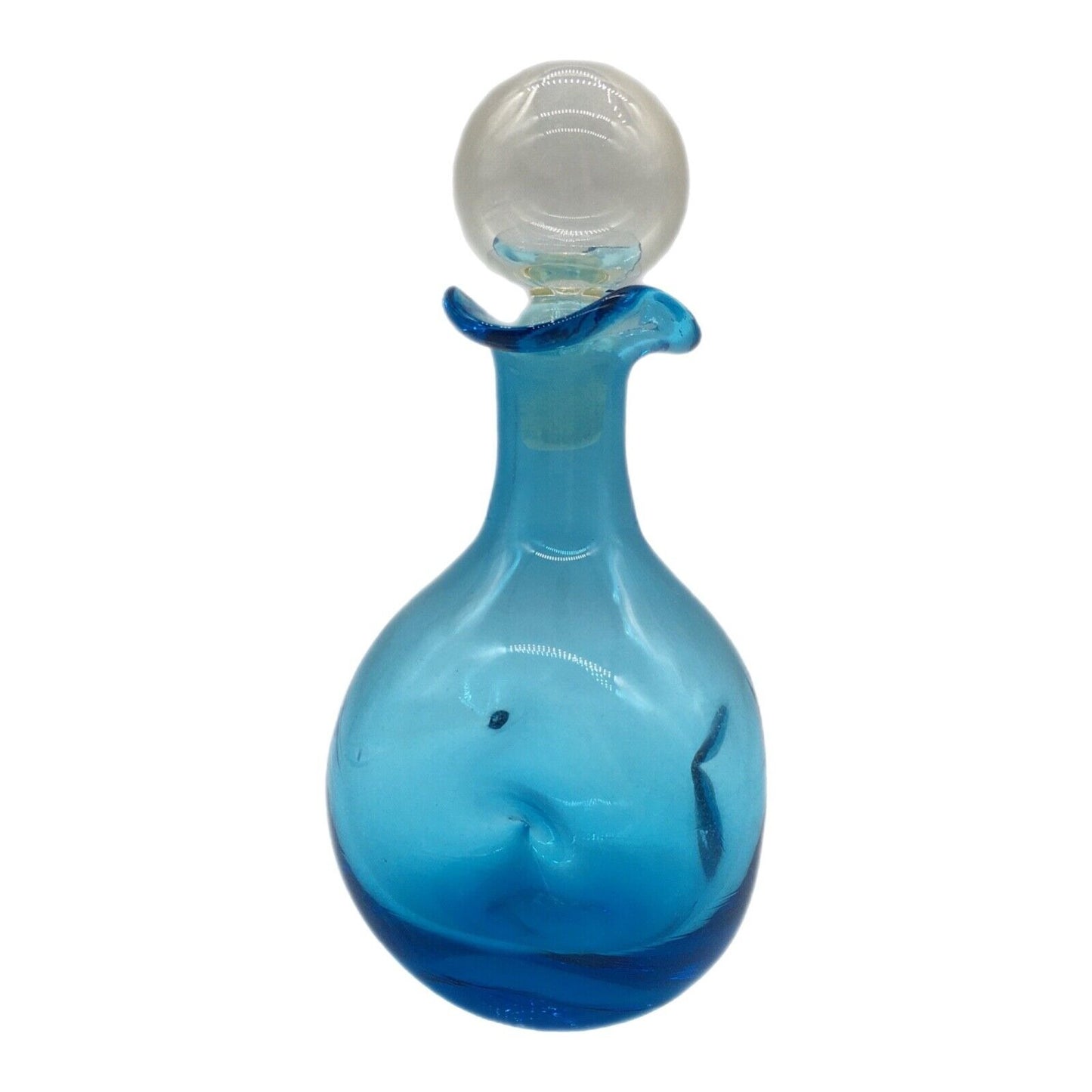 Art Glass 6.25" Pinched Blue Bottle with Original Clear Stopper Ruffle Hand blown VTG