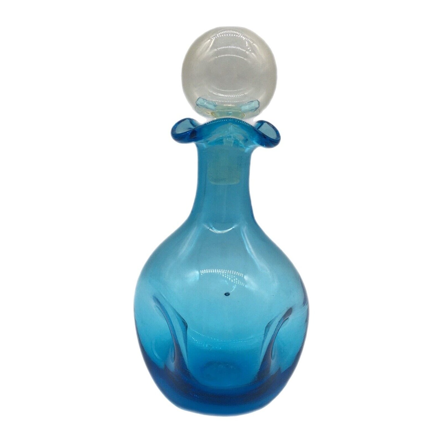 Art Glass 6.25" Pinched Blue Bottle with Original Clear Stopper Ruffle Hand blown VTG
