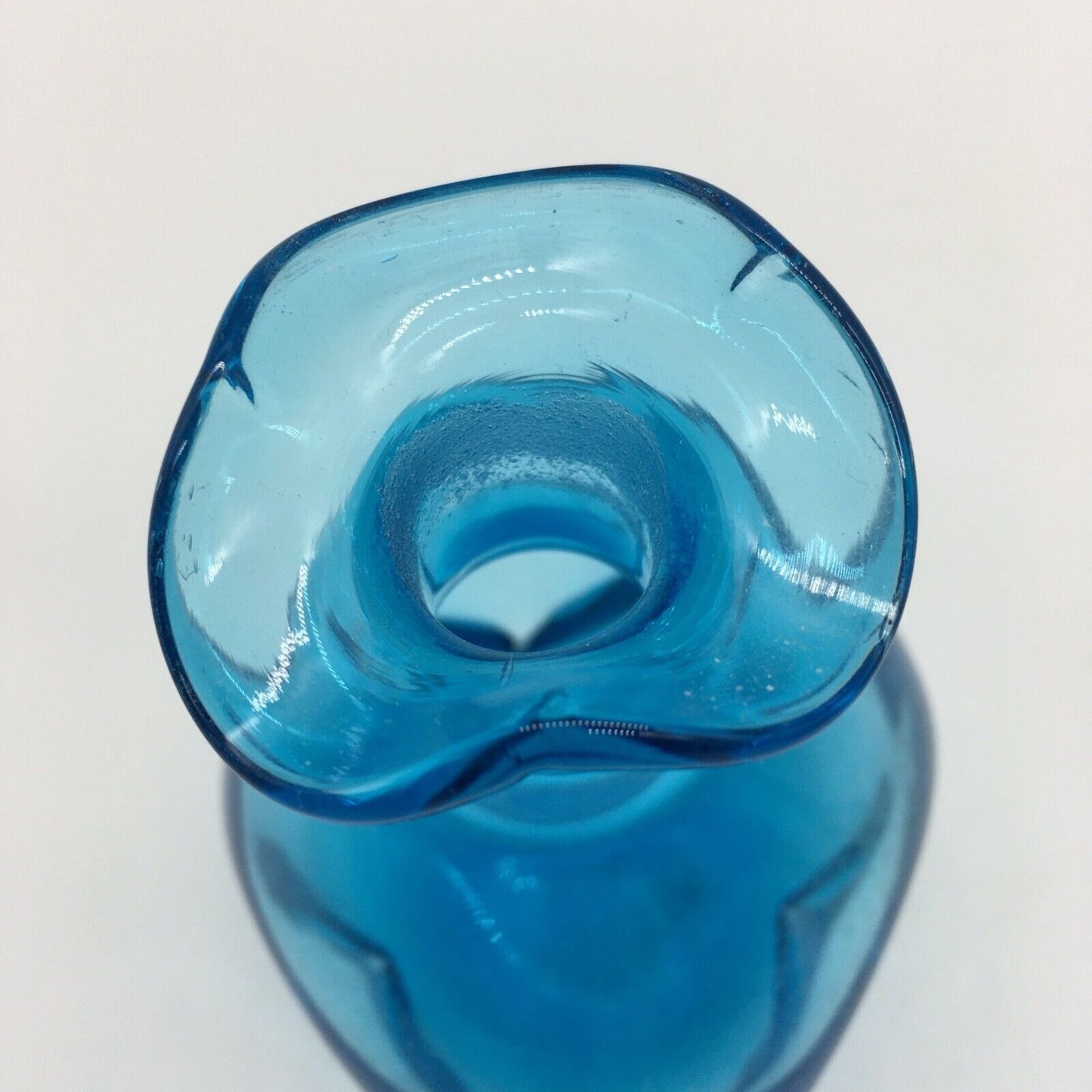 Art Glass 6.25" Pinched Blue Bottle with Original Clear Stopper Ruffle Hand blown VTG