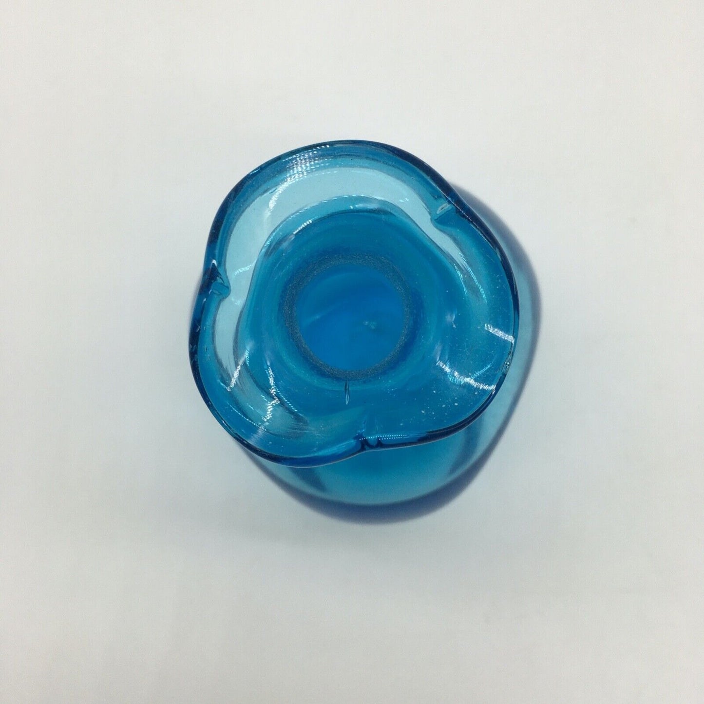 Art Glass 6.25" Pinched Blue Bottle with Original Clear Stopper Ruffle Hand blown VTG
