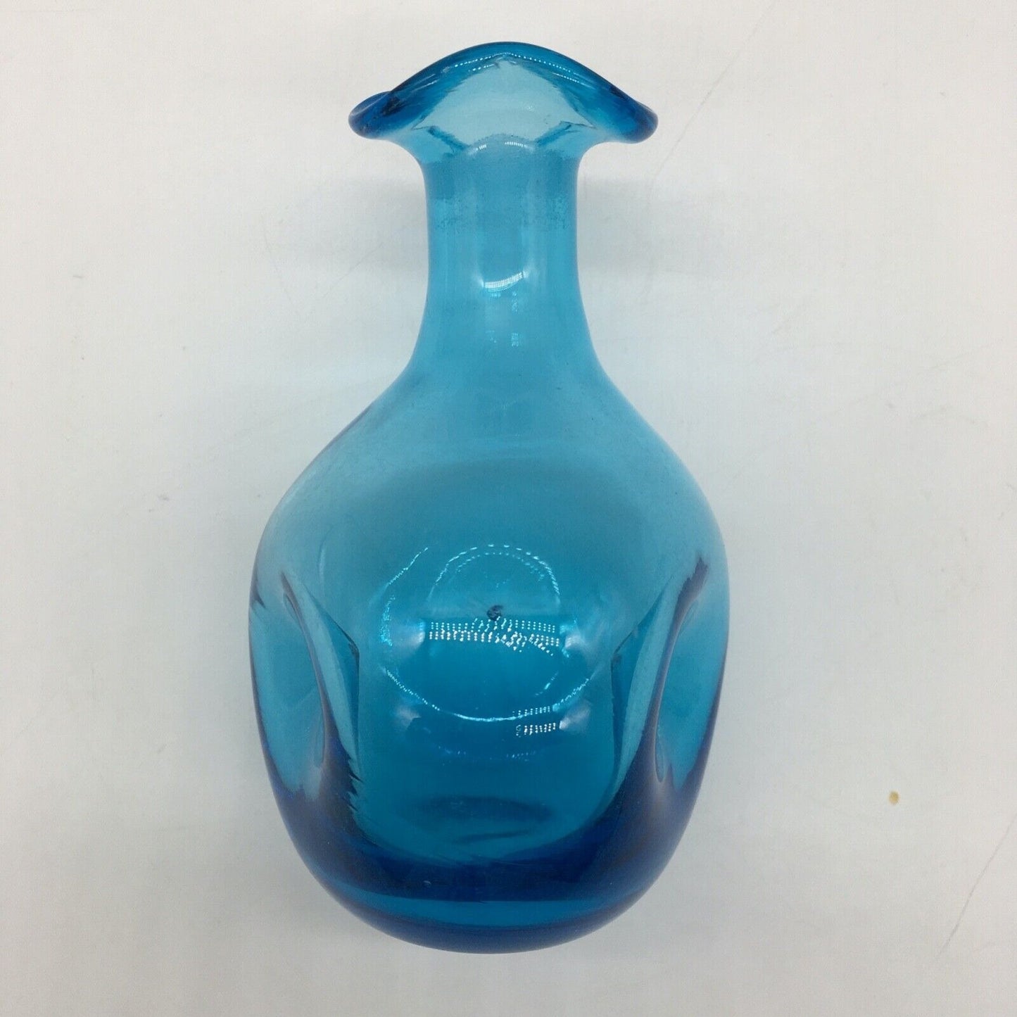 Art Glass 6.25" Pinched Blue Bottle with Original Clear Stopper Ruffle Hand blown VTG