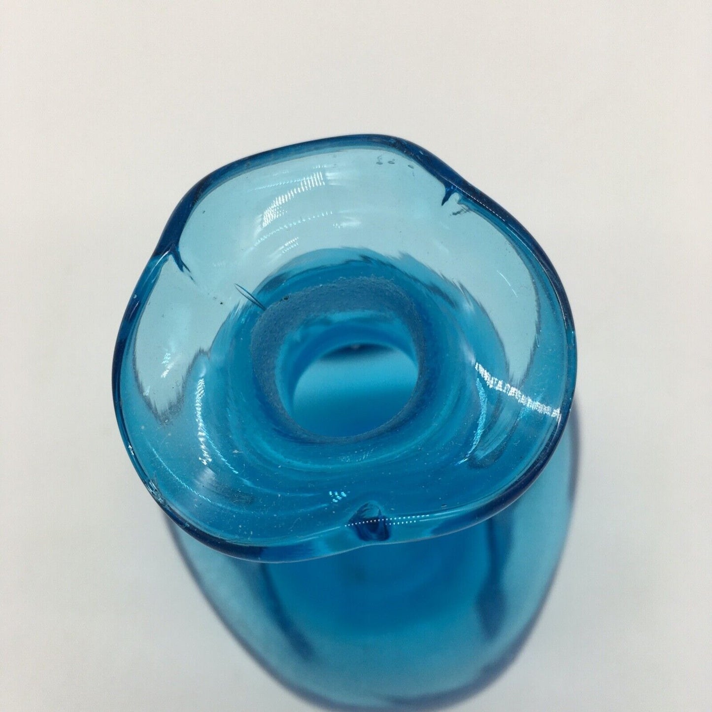 Art Glass 6.25" Pinched Blue Bottle with Original Clear Stopper Ruffle Hand blown VTG
