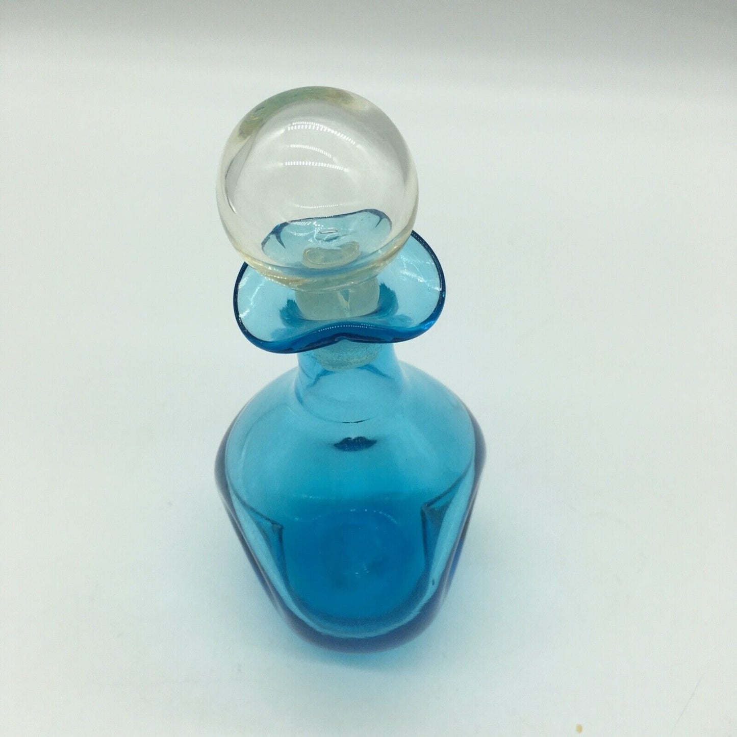 Art Glass 6.25" Pinched Blue Bottle with Original Clear Stopper Ruffle Hand blown VTG