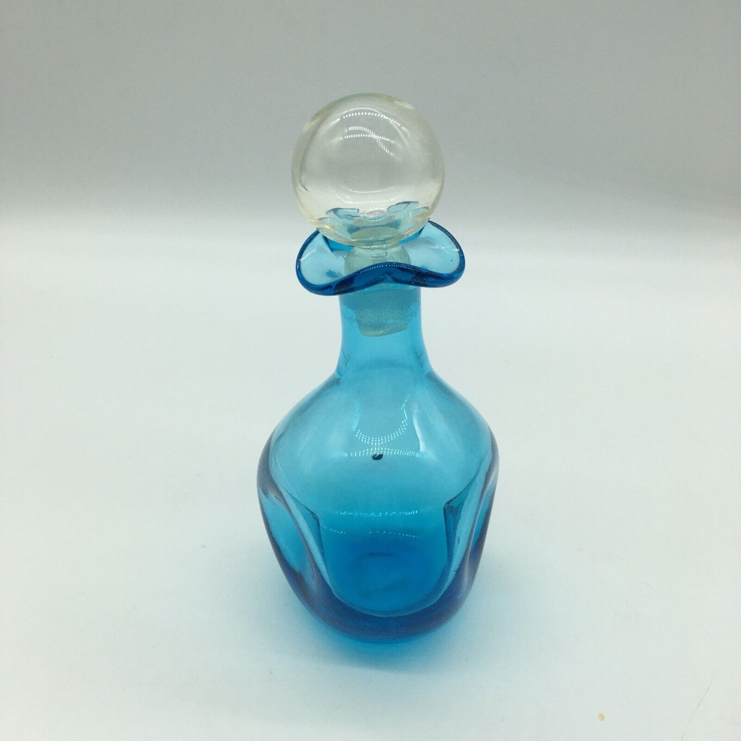 Art Glass 6.25" Pinched Blue Bottle with Original Clear Stopper Ruffle Hand blown VTG