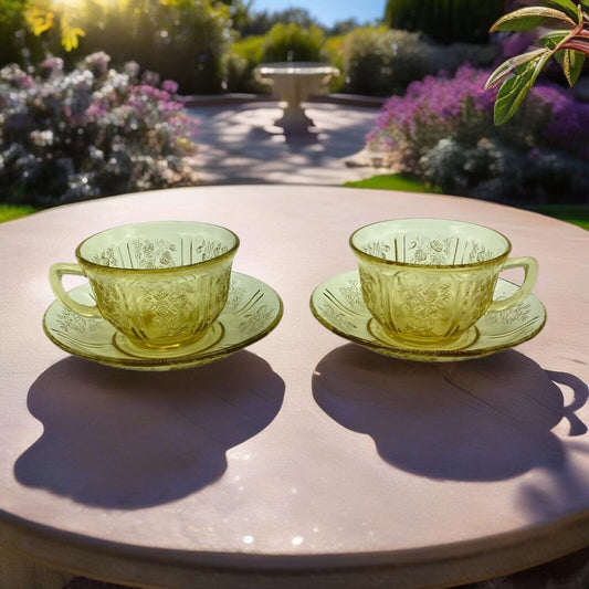 Vintage Federal Glass Co. Sharon Cabbage Rose Yellow 2 Tea Cups & Saucers Sunny